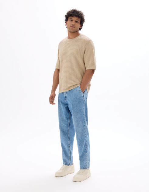 T-shirt boxy col rond en maille ajourée - sand