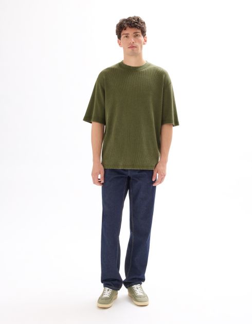 T-shirt oversize col rond 100% coton gaufré - kaki