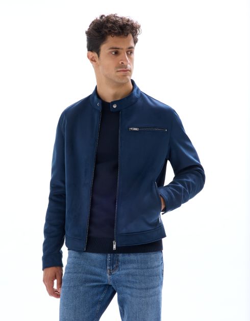 Blouson biker faux daim - Marine