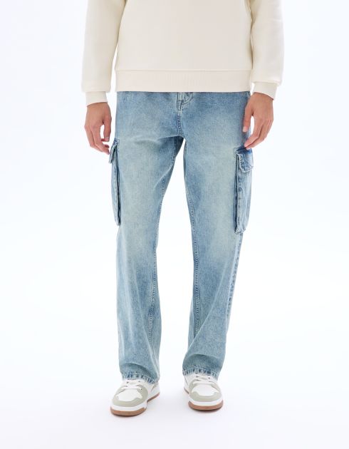 Jean cargo 100% coton - bleu délavé