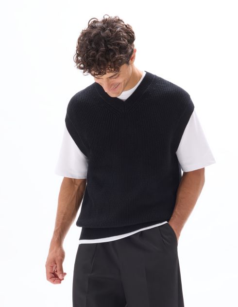 Pull col V en maille perlé 100% coton - noir
