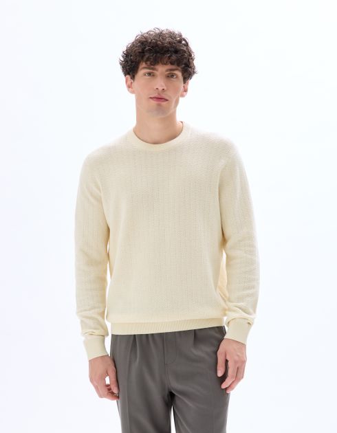 Pull col rond en meille chevrons 100 % coton - écru