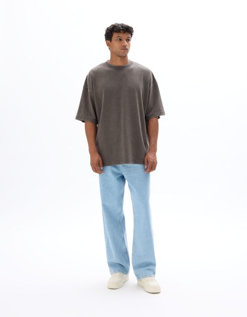 T-shirt oversize col rond 100% coton délavé et reliéfé - carbone