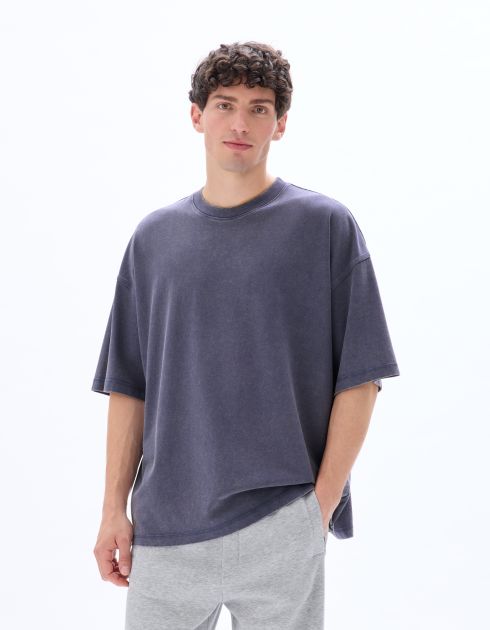T-shirt oversize col rond 100% coton délavé et reliéfé - bleu gris