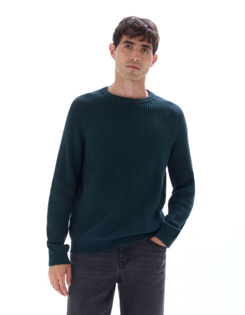 Pull col rond 100% coton - vert foncé