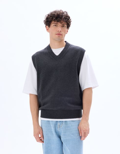 Pull sans manches col V 100 % coton - anthracite