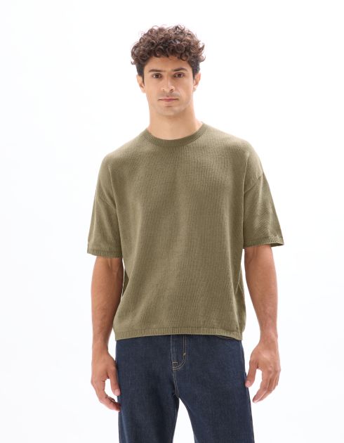 T-shirt boxy col rond en maille - taupe