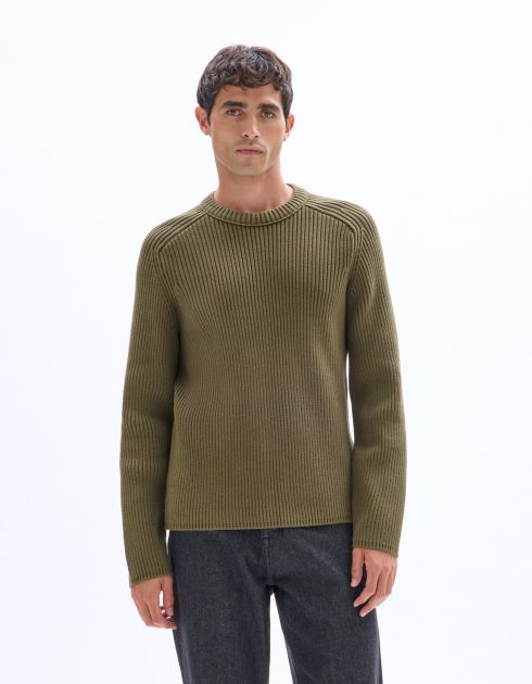 Pull col rond en maille côtelée - kaki