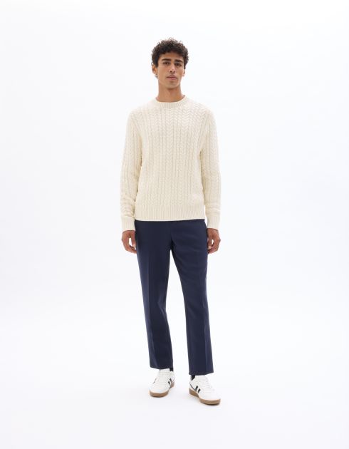 Pull torsadé col rond en coton mélangé - écru
