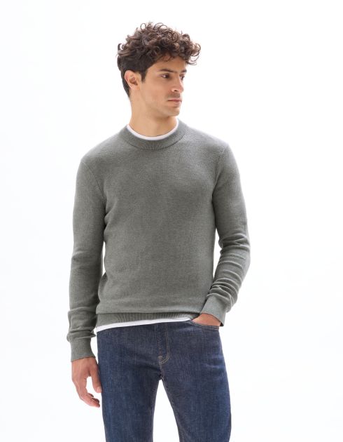Pull col rond 100% coton piqué - gris moyen