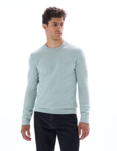 Pull col rond 100% coton piqué - bleu vert